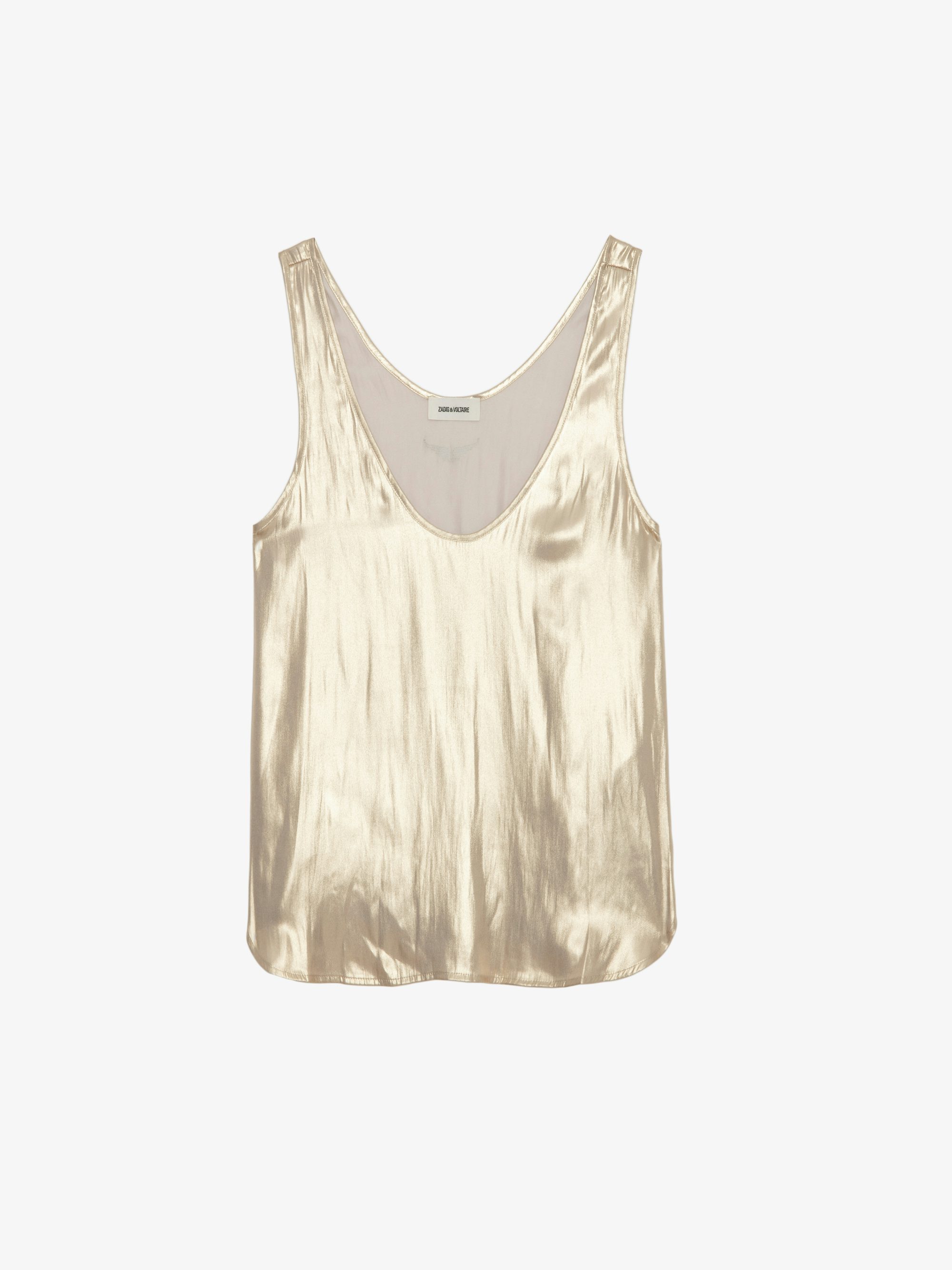 Tarys Satin Top - Iridescent satin tank top with wing embroidery on the back.